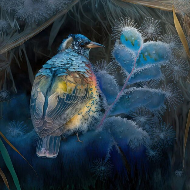 Uma pintura de um pássaro com penas azuis e amarelas e corpo azul e amarelo.