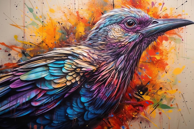 Uma pintura de um pássaro com tinta colorida nele