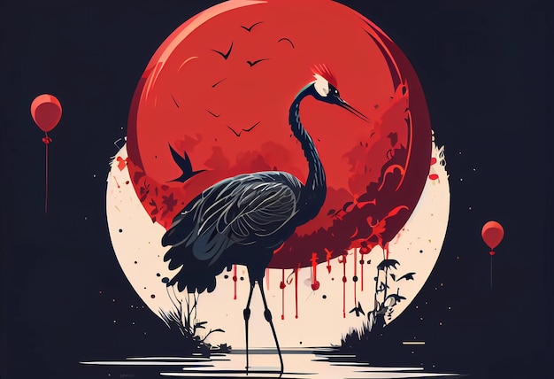 Uma pintura de um pássaro com um sol vermelho atrás dele