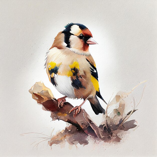Uma pintura de um pássaro com uma cabeça amarela e penas pretas e brancas.