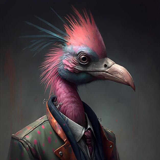 Foto uma pintura de um pássaro com uma jaqueta que diz 