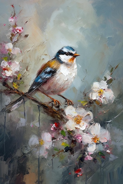 Uma pintura de um pássaro em um galho com flores.