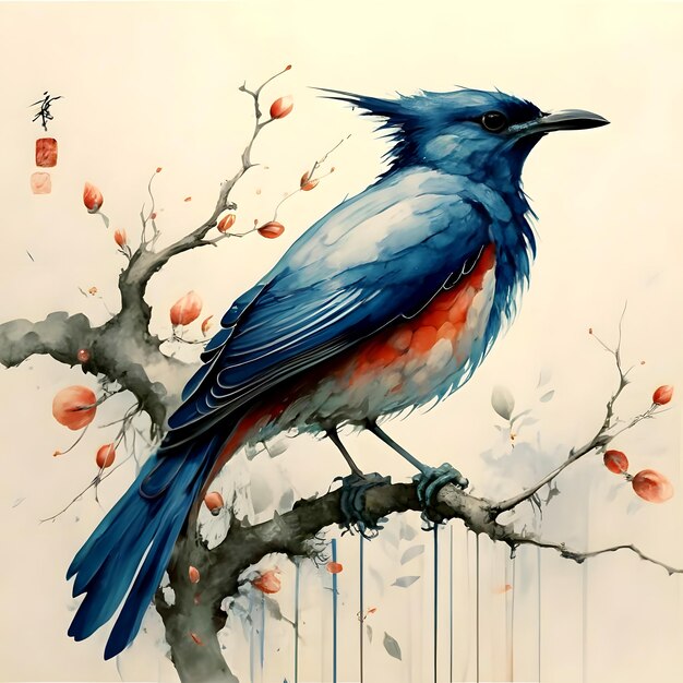 uma pintura de um pássaro sentado em um galho de árvore