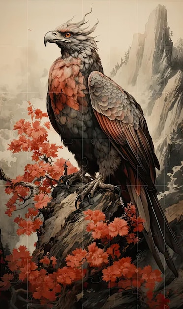 Uma pintura de um pássaro sentado em um galho de árvore