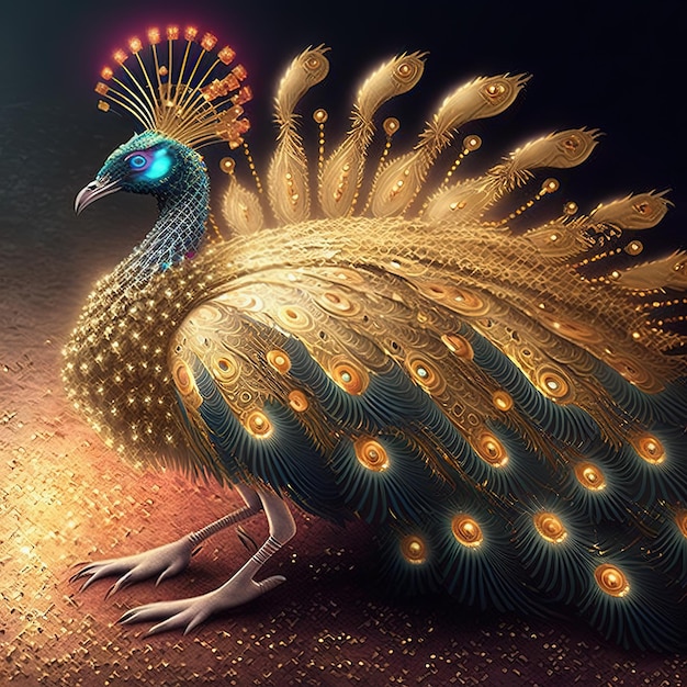 Uma pintura de um pavão com ouro e penas azuis e uma coroa de ouro.