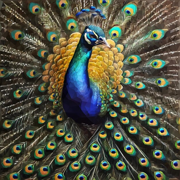 Uma pintura de um pavão com uma cauda azul e amarela.