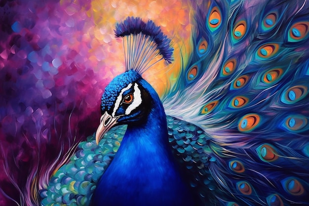 Uma pintura de um pavão com uma cauda azul e laranja.