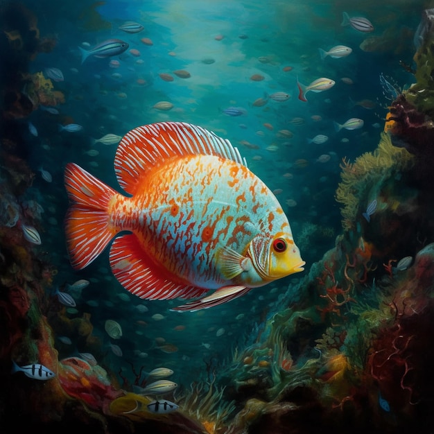 Uma pintura de um peixe com fundo azul e cauda vermelha.