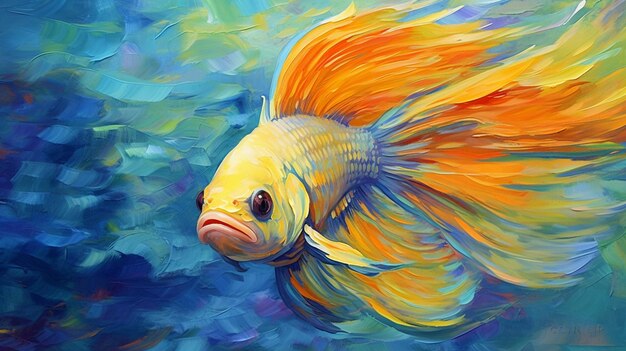 Uma pintura de um peixe com uma cauda amarela.