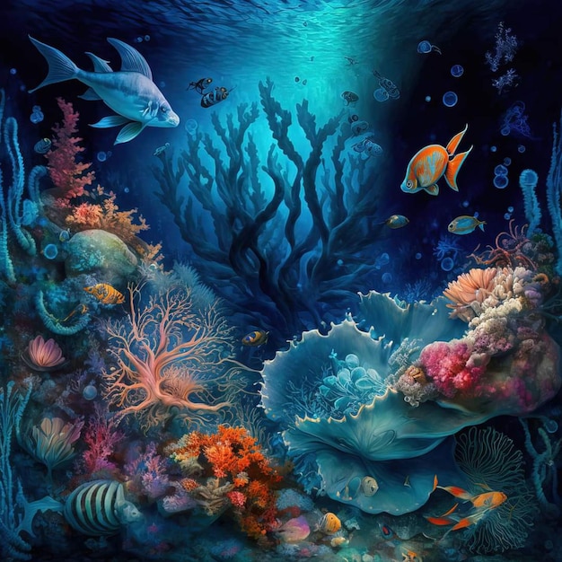 Uma pintura de um peixe e corais