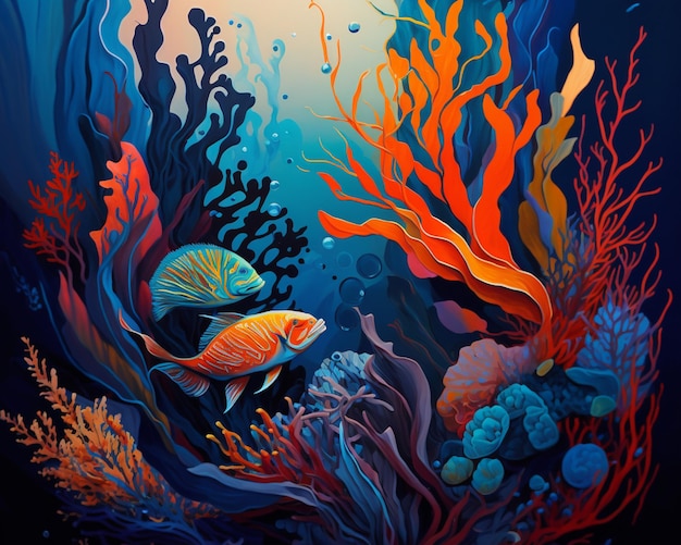 Uma pintura de um peixe e corais