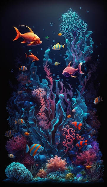 Uma pintura de um peixe e recife de coral