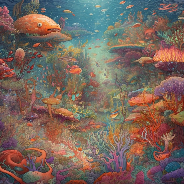 Uma pintura de um peixe e um peixe com uma boca que diz 'oceano'