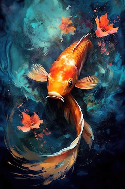 Uma pintura de um peixe koi nadando em uma tigela Imagem IA generativa