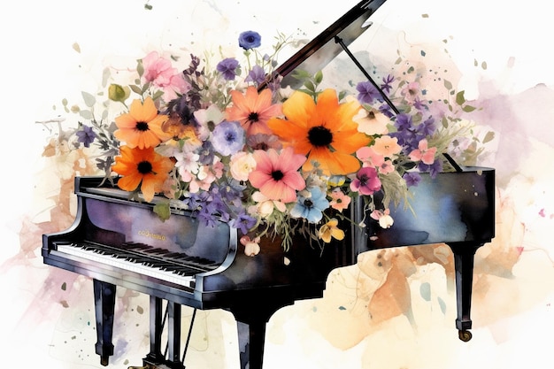 Uma pintura de um piano com flores nele