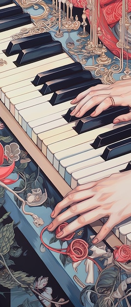 uma pintura de um piano com uma mão nas teclas