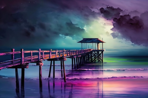 Uma pintura de um píer com um céu roxo e as palavras "a praia" nele.