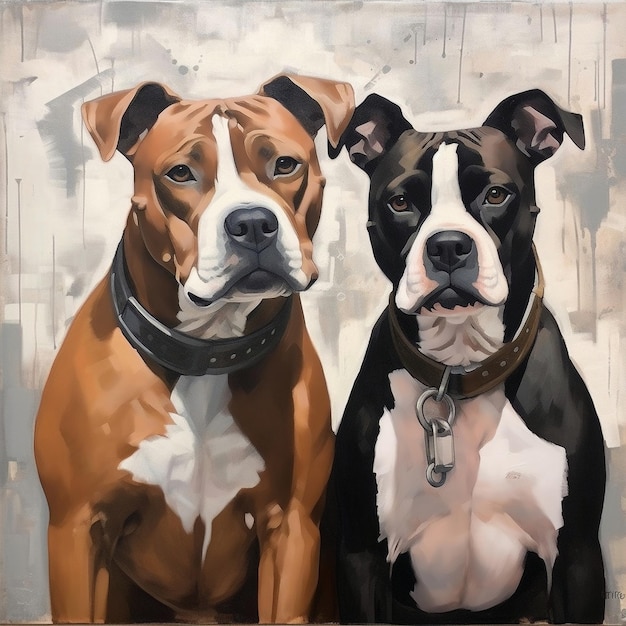 Uma pintura de um pit bull e um cão preto e branco