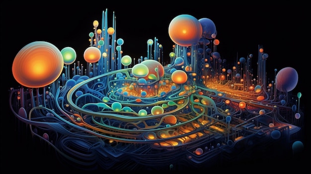 Uma pintura de um planeta com círculos coloridos e uma cidade ao fundo.