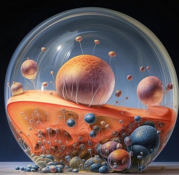 Uma pintura de um planeta com muitas bolhas e a palavra vida nele.