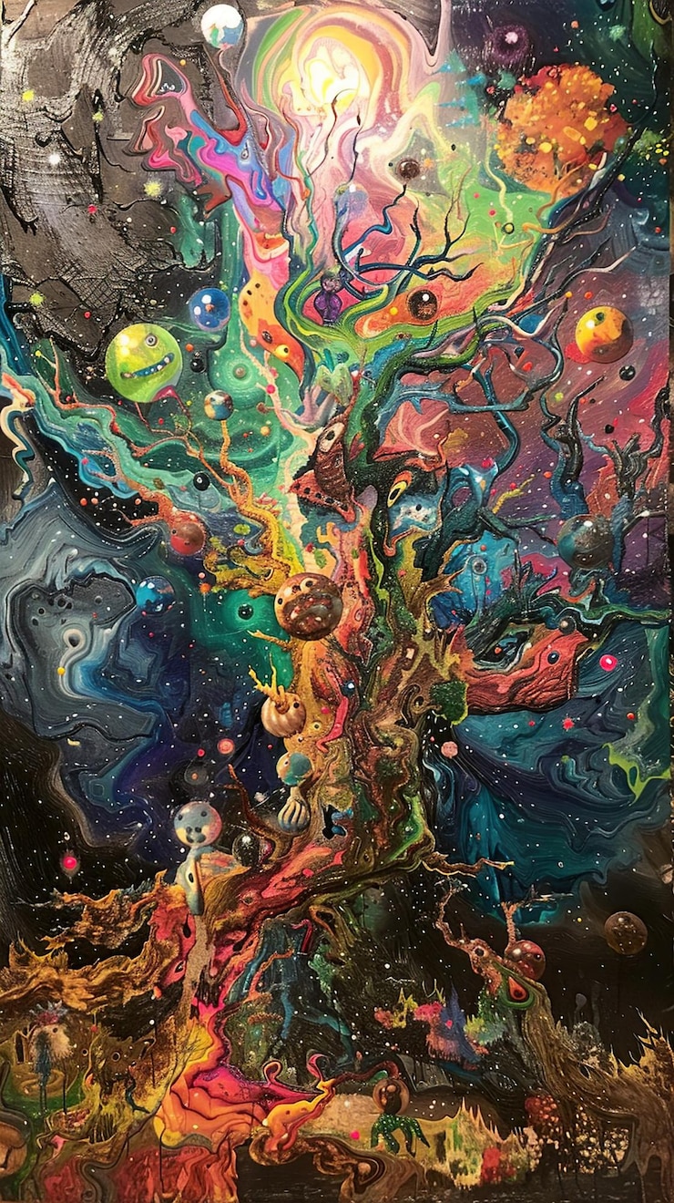 Foto uma pintura de um planeta com muitas cores e as palavras o universo
