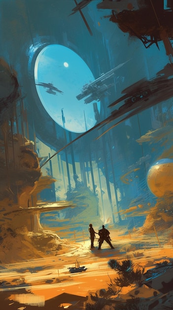 Uma pintura de um planeta com um homem e uma mulher caminhando na frente dele.