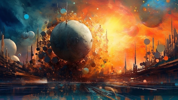 Uma pintura de um planeta com uma cidade ao fundo