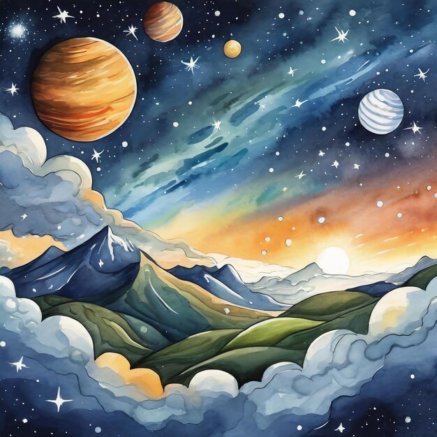 uma pintura de um planeta e as estrelas