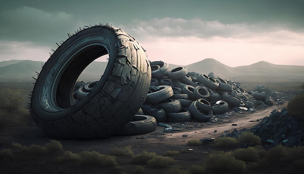 Uma pintura de um pneu em uma colina com montanhas ao fundo.