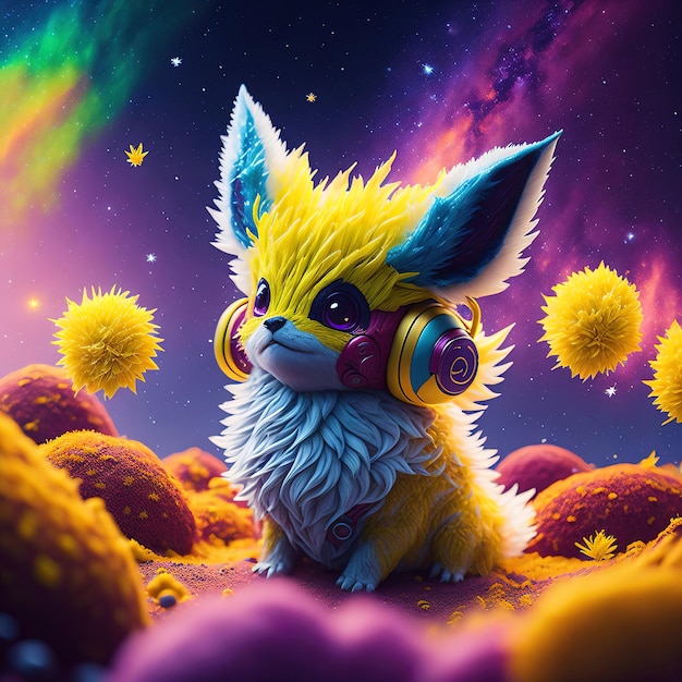 Uma pintura de um pokémon com o ambiente da galáxia