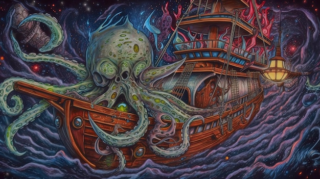 uma pintura de um polvo com um navio na parte de baixo