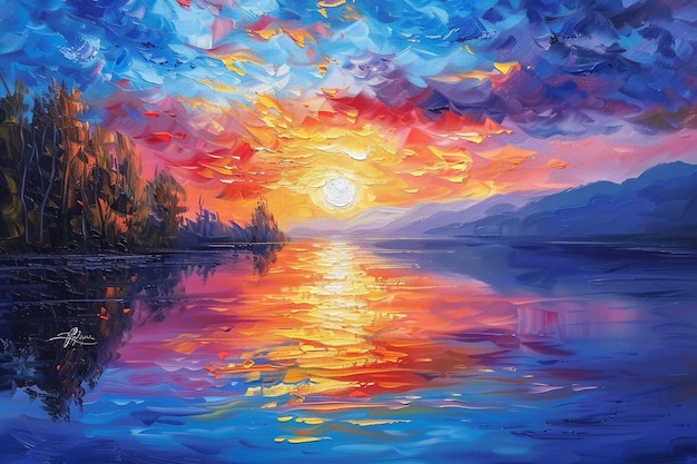 uma pintura de um pôr-do-sol com árvores e montanhas ao fundo