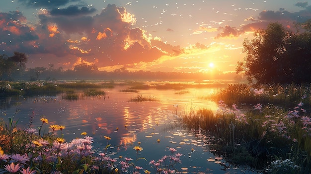 uma pintura de um pôr-do-sol com flores e a palavra quot a quot selvagem quot no céu