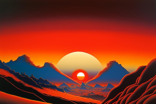 Uma pintura de um pôr do sol com montanhas ao fundo