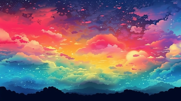 Uma pintura de um pôr do sol com nuvens e montanhas ao fundo.