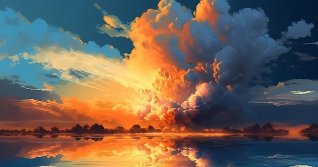 Uma pintura de um pôr do sol com nuvens e o céu ao fundo