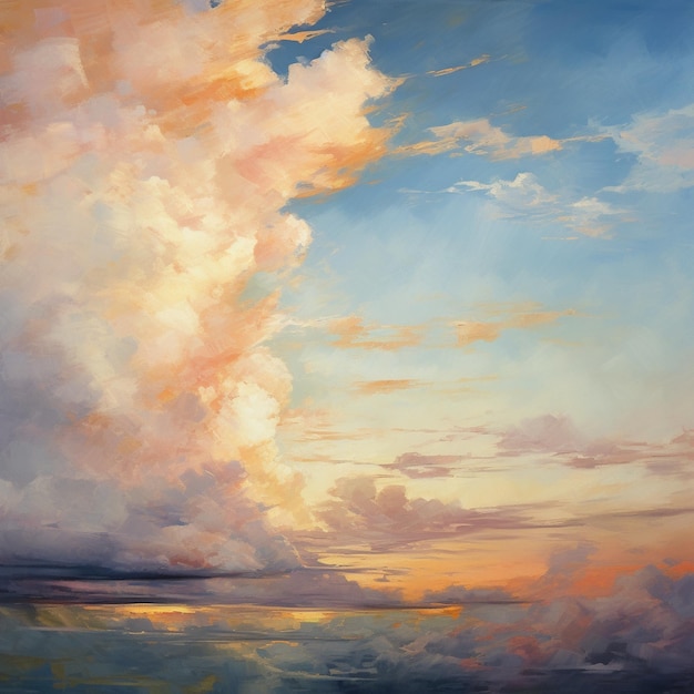 uma pintura de um pôr-do-sol com nuvens e o pôr- do-sol.