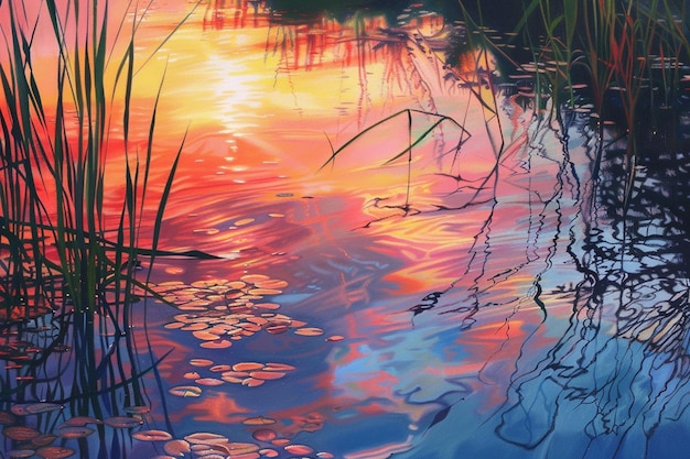 uma pintura de um pôr-do-sol com o reflexo da água nele
