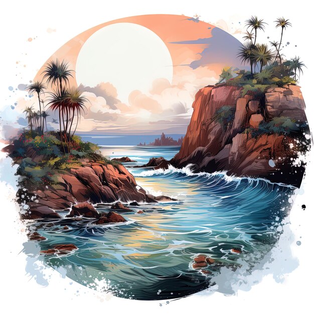 uma pintura de um pôr-do-sol com palmeiras e o oceano ao fundo