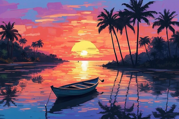 Uma pintura de um pôr-do-sol com palmeiras e um barco generativo ai