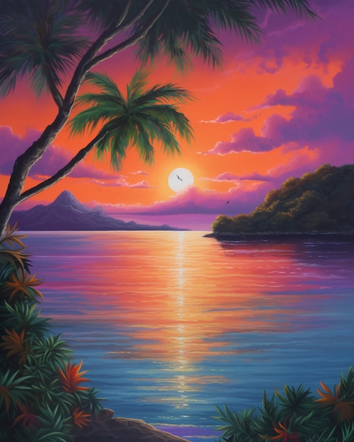 Uma pintura de um pôr do sol com palmeiras e um pássaro voando sobre a água.