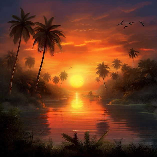 Uma pintura de um pôr do sol com palmeiras e um pôr do sol ao fundo.