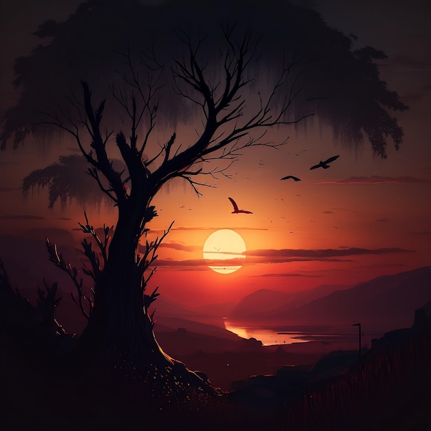 Uma pintura de um pôr do sol com pássaros voando ao seu redor.
