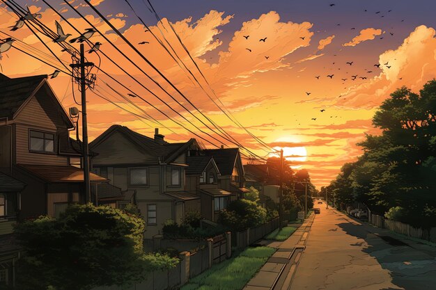 Foto uma pintura de um pôr-do-sol com pássaros voando sobre um bairro residencial