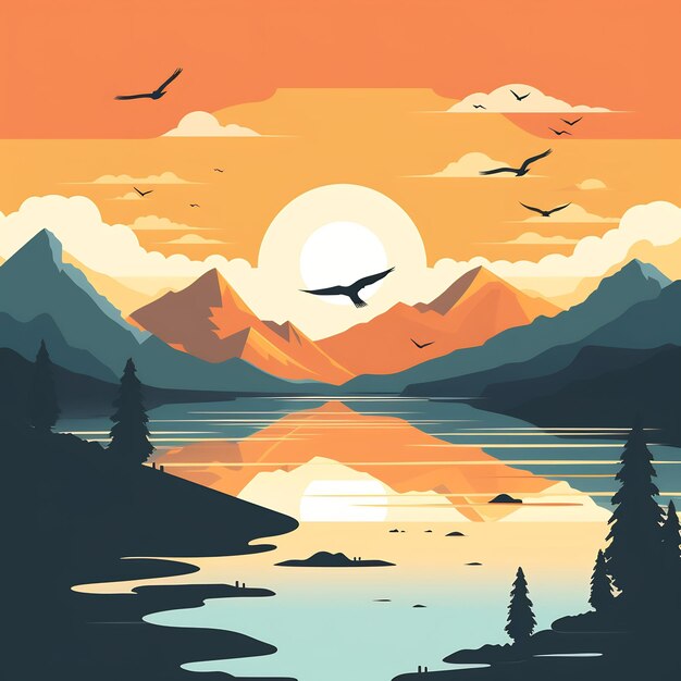 Foto uma pintura de um pôr do sol com pássaros voando sobre um lago