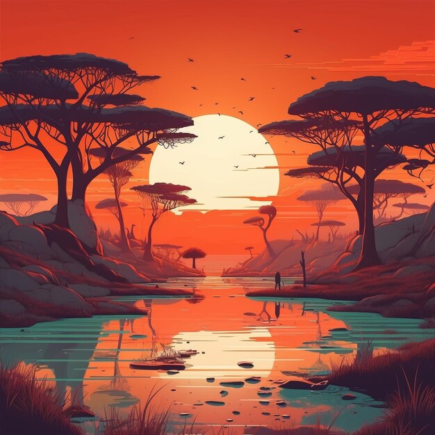 Foto uma pintura de um pôr do sol com um céu vermelho e árvores ao fundo.