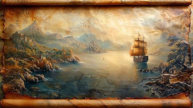 uma pintura de um pôr-do-sol com um navio na água