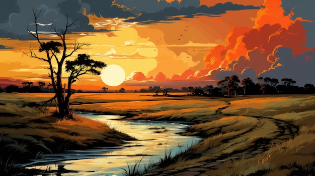 Uma pintura de um pôr do sol com um rio e árvores ai