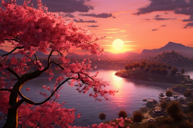 Uma pintura de um pôr do sol com um rio e uma árvore com flores cor de rosa