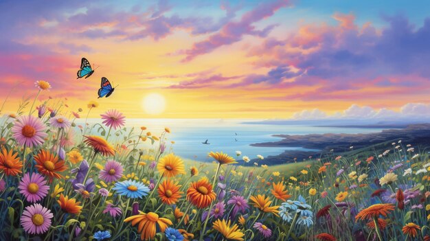 uma pintura de um pôr do sol com uma borboleta e um pôr-do-sol